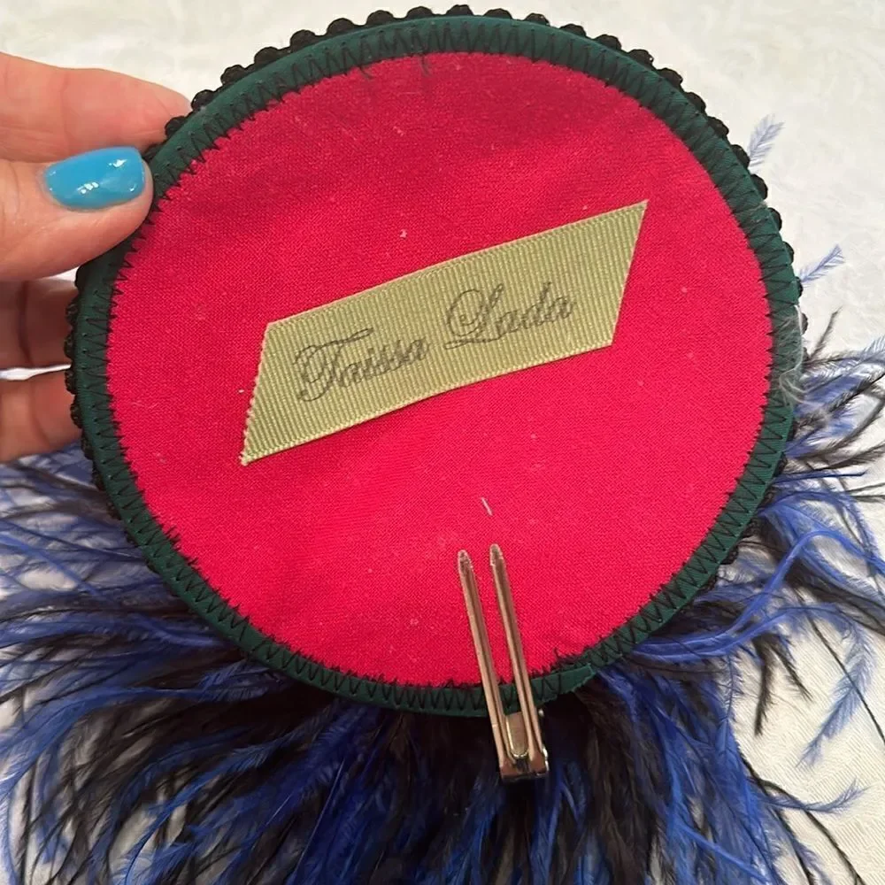 Taissa Lada Handmade Feather Fascinator Maribou Satin Lace Blue Black